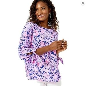 Lilly Pulitzer Langston Indigo Love You Bunches Boat Neck Blouse Tie Sleeve - XS